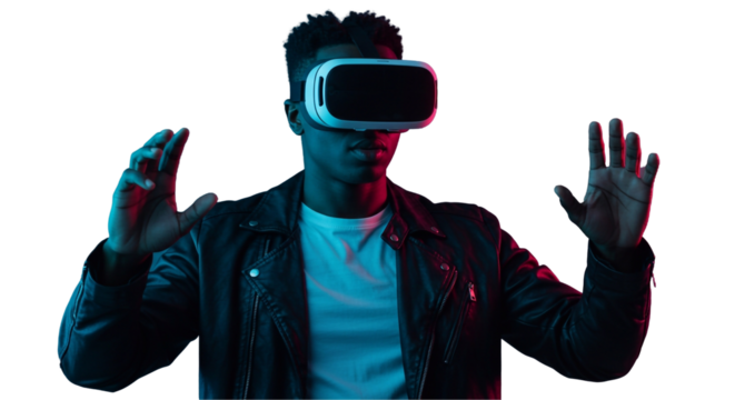 African man immersed in a video game, wearing a virtual reality headset and reaching out to interact with the metaverse