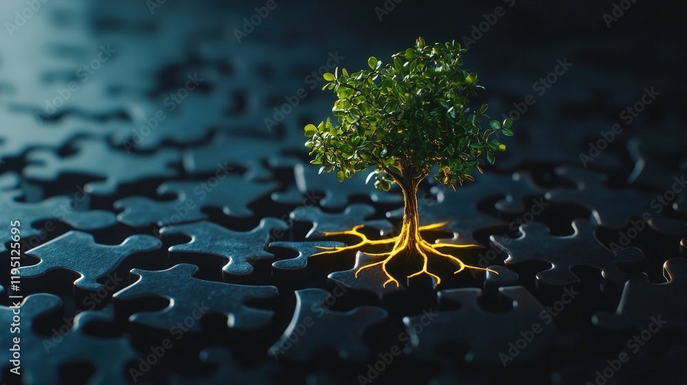 Poster puzzle forming a creative tree with glowing roots and branches