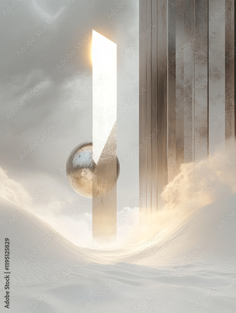 Poster Metallic sphere and illuminated pillar in a misty abstract landscape