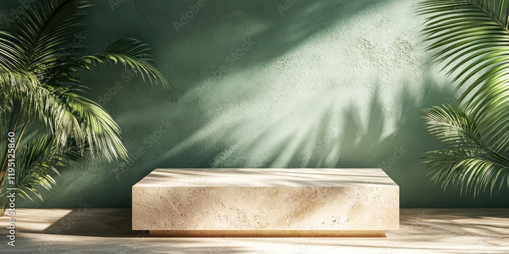 Poster minimalistic travertine product display on light wooden floor against a lush green wall with palm le