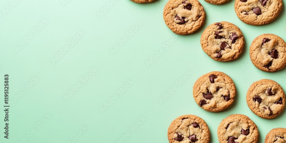 Poster freshly baked chocolate chip cookies scattered on a soft green pastel background with ample negative