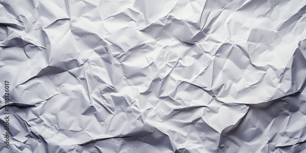 Poster crumpled white paper background with textured folds and shadows showing varying shades of gray in a 