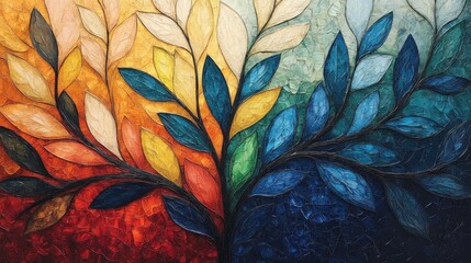 Stained Glass Artwork with Colorful Leaves and Vibrant Background, Featuring a Beautiful Tree Design, Ideal for Home Decor or Art Projects