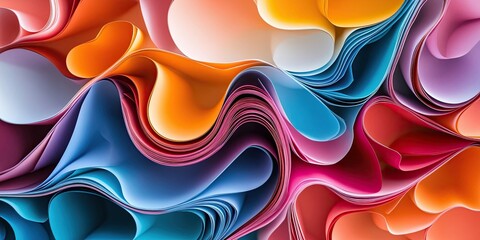 Vibrant abstract paper layers in blue, orange, pink and soft peach tones flowing in curved waves creating a dynamic and colorful backdrop.