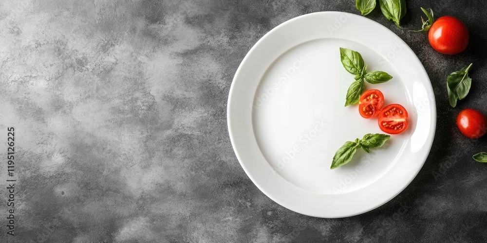 Poster ingredients for pizza on a white plate arranged with fresh basil and sliced tomatoes on a textured g