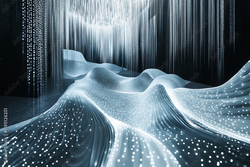 Poster Abstract illuminated flowing waves with vertical light strings in dark space