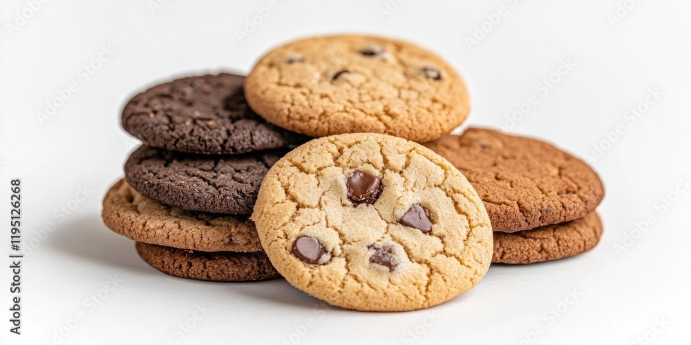 Poster assorted chocolate chip and cocoa cookies stacked on a white background with a focus on texture and 