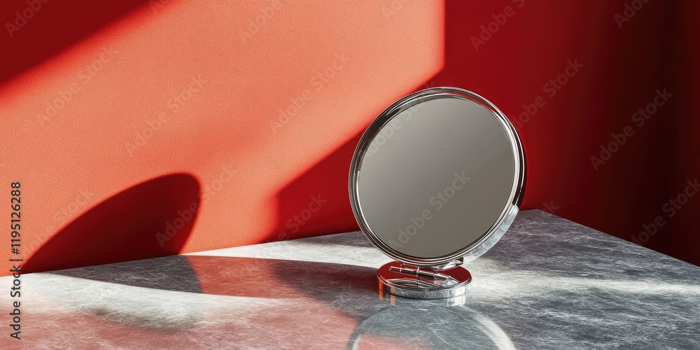 Poster Compact mirror resting on a polished grey marble table with soft light reflections against a vibrant red wall creating a stylish contrast.