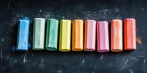 Colorful pastel chalk sticks arranged in a straight line on a blackboard with blue, green, yellow, orange, pink, and red hues on dark background