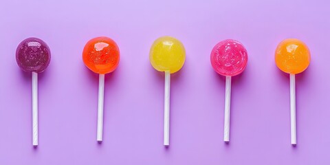 Colorful round lollipops in vibrant purple pink yellow orange on white sticks arranged in a flat lay style with violet background for text space