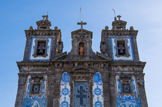 Towers of Igreja Paroquial de Santo Ildefonso Roman Catholic church in Porto (Oporto), Portugal. Traditional Portuguese Ceramic Tiles Azulejo