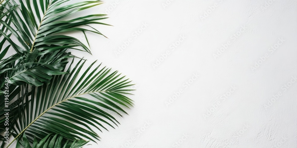 Poster curly green palm leaves positioned on the left against a plain white wall creating ample blank space