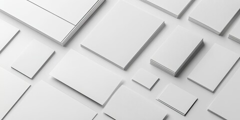 White textured stationery mockup layout with various sizes of blank cards and paper on a clean light background for brand identity design.