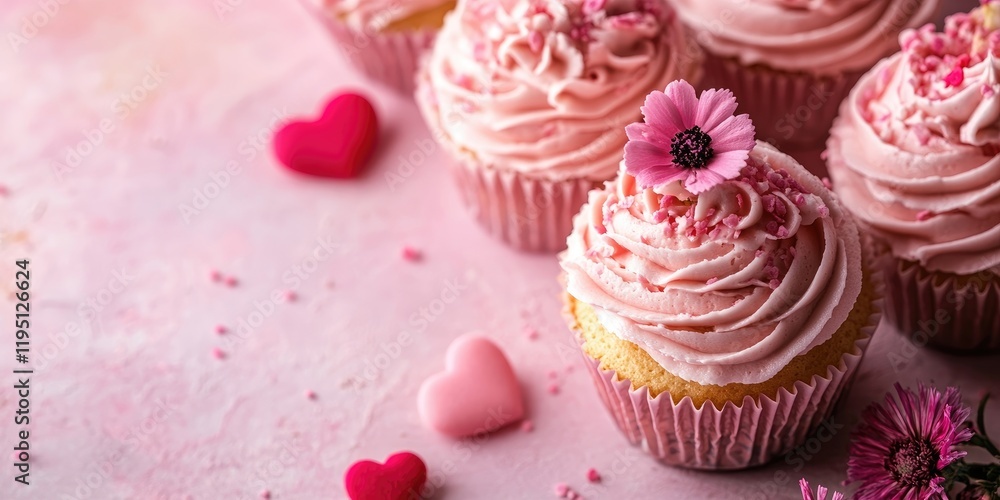 Poster pink cupcakes with swirled cream topped with flowers and hearts on a soft pink background with ample