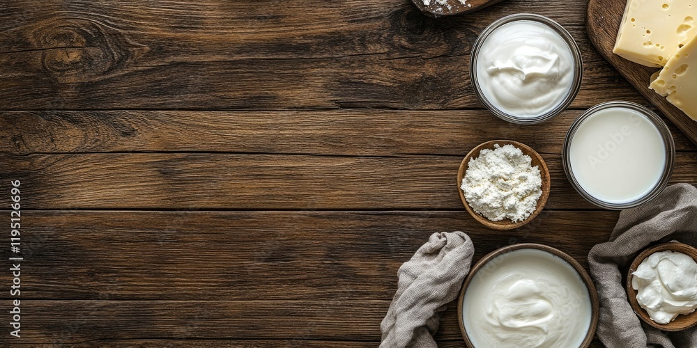 Poster Dairy products including sour cream cheese and milk arranged in bowls on a rustic wooden table viewed from above with negative space for text