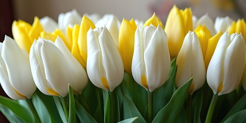 Naklejka premium Bouquet of vibrant white and yellow tulips in a soft-focus background arranged with lush green leaves in a cozy indoor setting