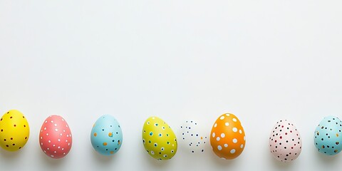 Obraz premium Colorful Easter eggs in a row on a white background with pastel pink, blue, yellow, and orange shades featuring polka dots and ample text space.