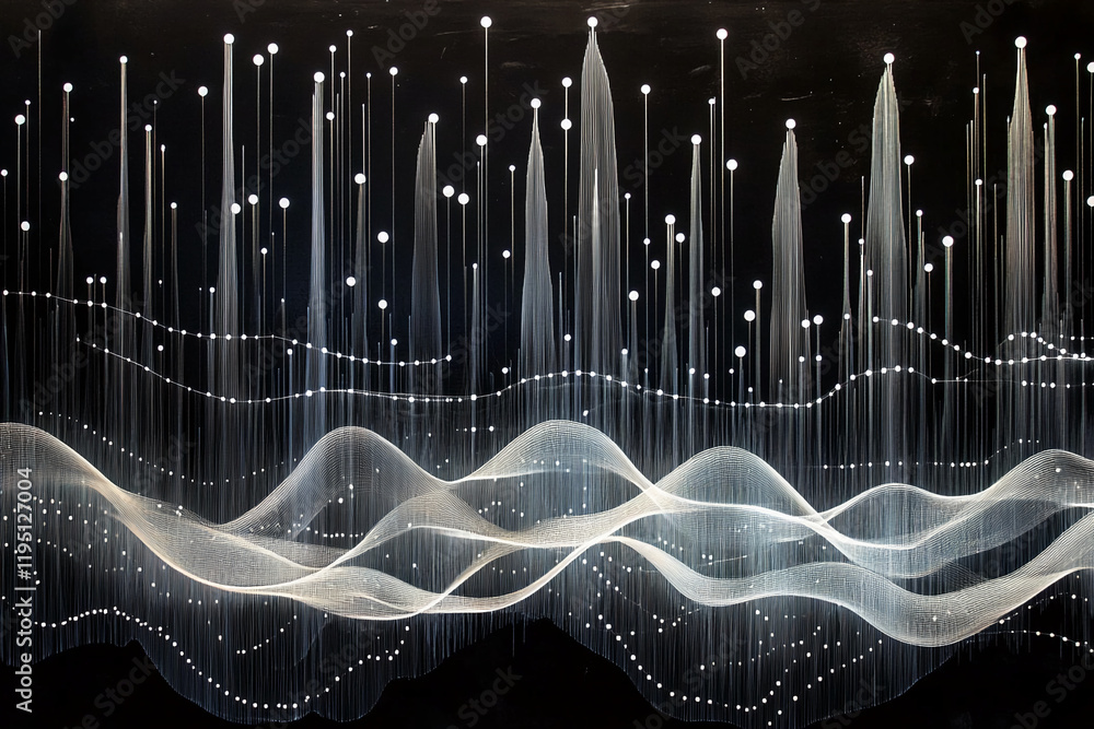 Poster abstract light waves and vertical glowing strings on a dark background