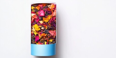 Vibrant cylindrical tea box with colorful floral tea leaves positioned on the right against a clean white background, featuring a blue base.