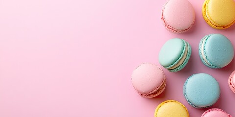 Fototapeta premium Colorful macarons in pink blue yellow and green arranged artistically on a soft pastel pink background embodying a trendy minimal bakery aesthetic