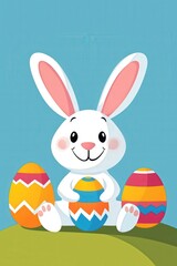 Obraz premium Smiling bunny decorating an egg while sitting on a sunny hill