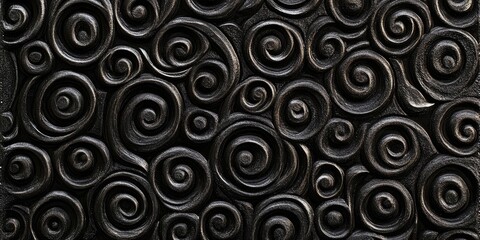 Elegant black curly textured background featuring intricate spiral patterns, ideal for wallpaper or desktop use, showcasing depth and sophistication.