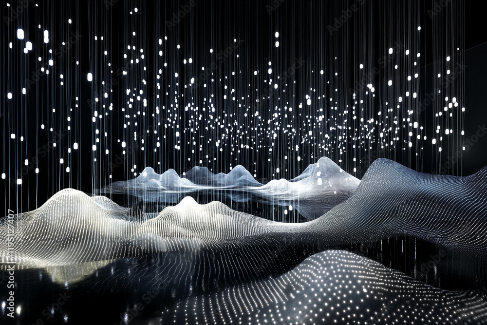 Poster futuristic light waves and glowing strings in an abstract digital art installation