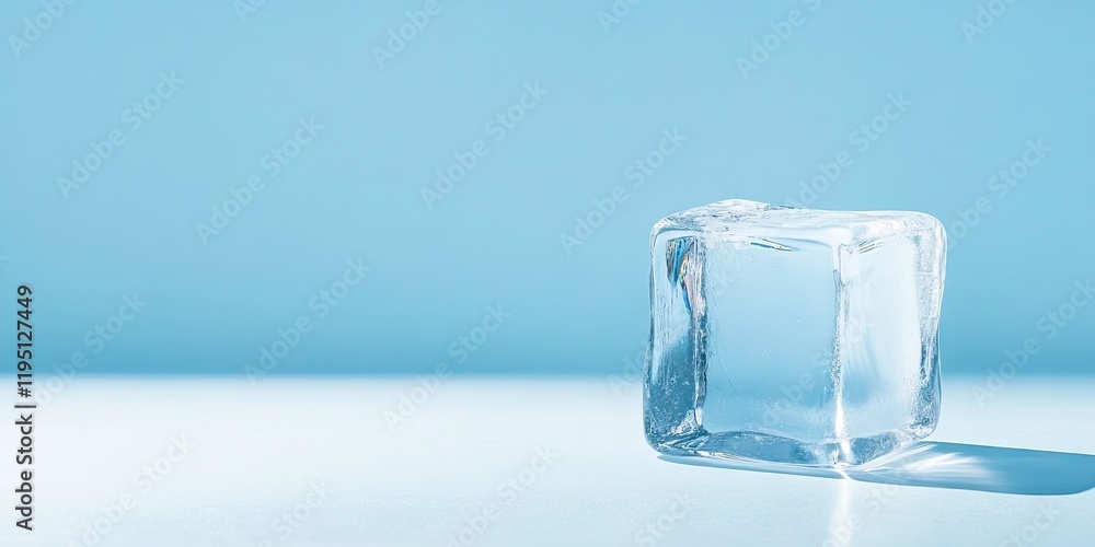 Poster crystal clear ice cube positioned on the right side against a light blue background with a soft shad