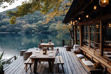 Fototapeta premium Charming Wooden Restaurant Deck by Serene Lake Surrounded by Nature's Beauty, Perfect for Outdoor Dining Atmosphere and Relaxation