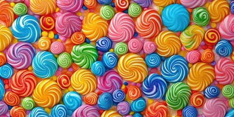 Vibrant background filled with colorful swirl candies in pink, yellow, blue, green, and orange, arranged in a playful, dense pattern.