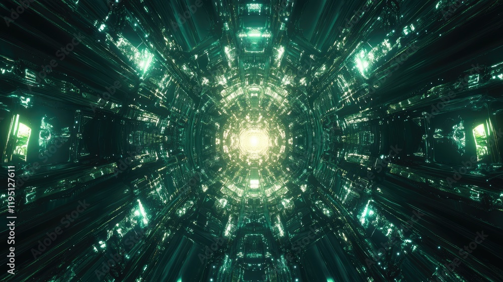 Poster a futuristic green backdrop with an intricate network of glowing hexagons, seamlessly arranged in a 