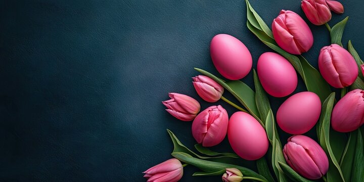 Colorful pink Easter eggs and tulip flowers arranged artistically on dark background with vibrant greens highlighting joyful holiday spirit