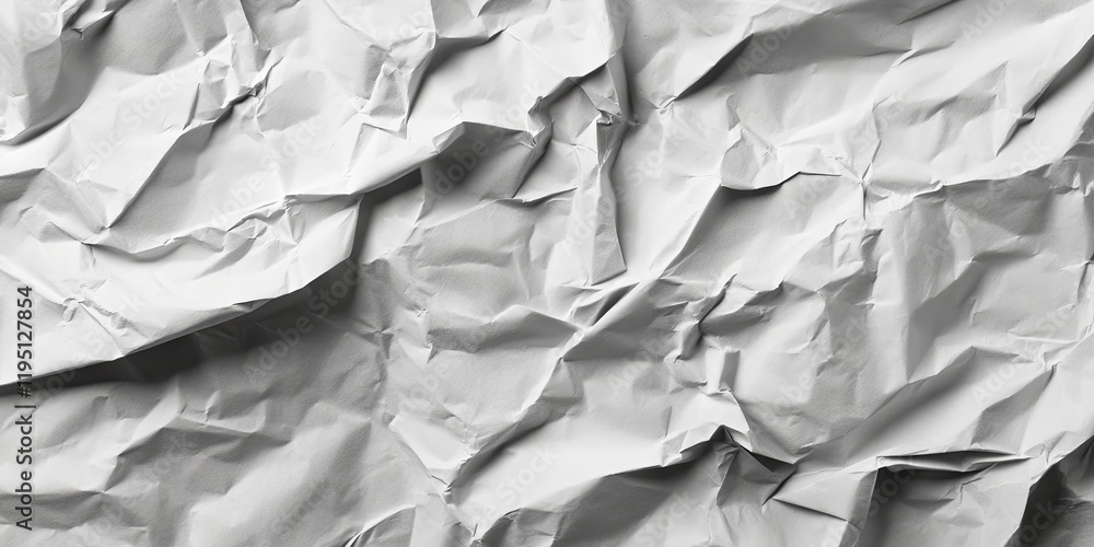 Poster crumpled gray paper texture with varied folds and shadows creating depth positioned centrally agains