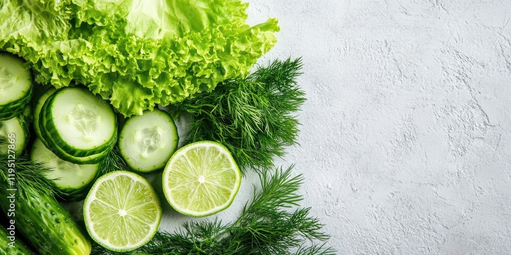 Poster fresh green lettuce cucumber dill and lime arranged on a light textured background with selective fo