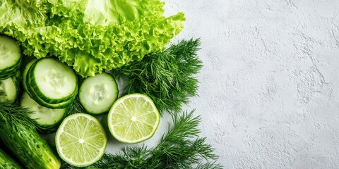 Obraz premium Fresh green lettuce cucumber dill and lime arranged on a light textured background with selective focus showcasing vibrant greens and circular shapes