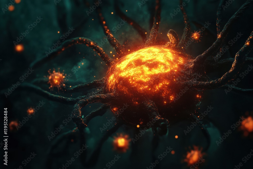 Poster glowing cell illuminated amidst a swarm of threatening viruses in a dark, mysterious environment. ge