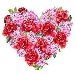 Posy of beautiful red and pink garden roses flowers and leaves collected in a form of heart. Watercolor illustration. Valentine's Day card. Wedding, birthday, romantic, saving the date gift. 