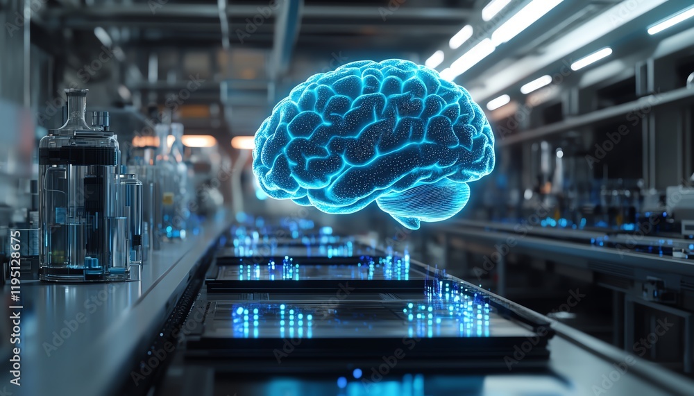 Poster futuristic ai brain in a hightech factory lab