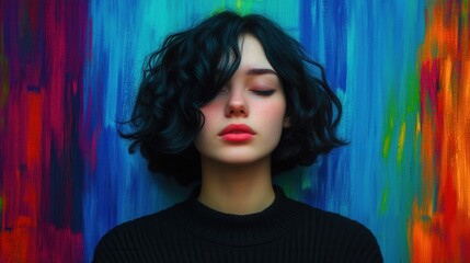 A serene portrait of a young woman with curly hair, set against a vibrant, colorful background that conveys a sense of calm and introspection.
