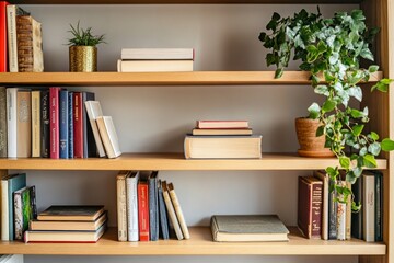 A Well-Organized Bookshelf with Greenery