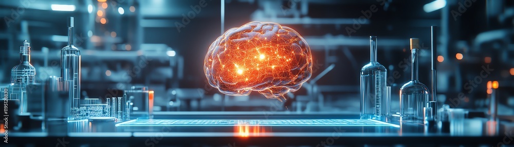 Poster futuristic factory lab with artificial intelligence brain
