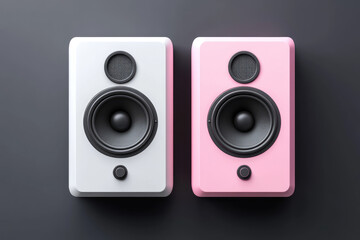Celebrate romantic passion this valentine's day with lovely white desktop speakers in a minimalist pink style on a black and white gradient background
