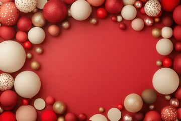 Festive Red and Gold Decorative Ornaments Frame Against a Vibrant Background for Holiday Celebrations and Winter Season Greetings