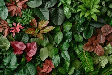Obraz premium Vibrant Tropical Leaves Background: Lush Greenery, Botanical Elements, Serenity, Natural Beauty, and Floral Composition for Design Projects