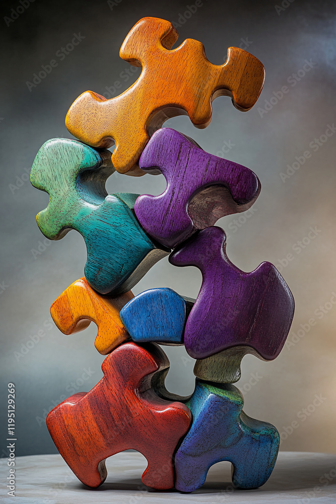 Poster stacked colorful wooden puzzle pieces on a neutral gradient background
