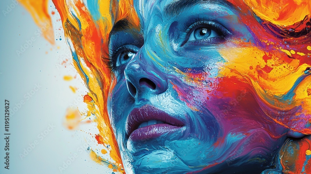 Aufkleber this captivating artwork features a portrait with a dynamic use of color, highlighting vivid blues, 