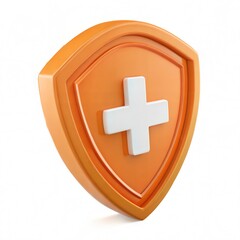 Fototapeta premium 3D render, medical shield icon, orange plastic material, white cross symbo