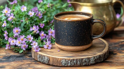 Cozy Black Coffee Mug Surrounded by Purple Flowers and Rustic Accessories, Perfect for Adding Text or Graphics in Nature-Themed Designs