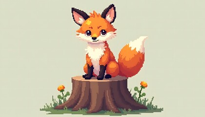 Adorable Pixel Art Fox on Tree Stump
