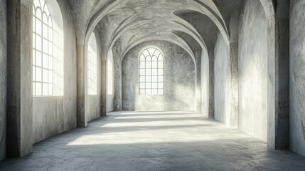 Obraz premium Empty interior space with arched ceiling and large gothic windows letting in light